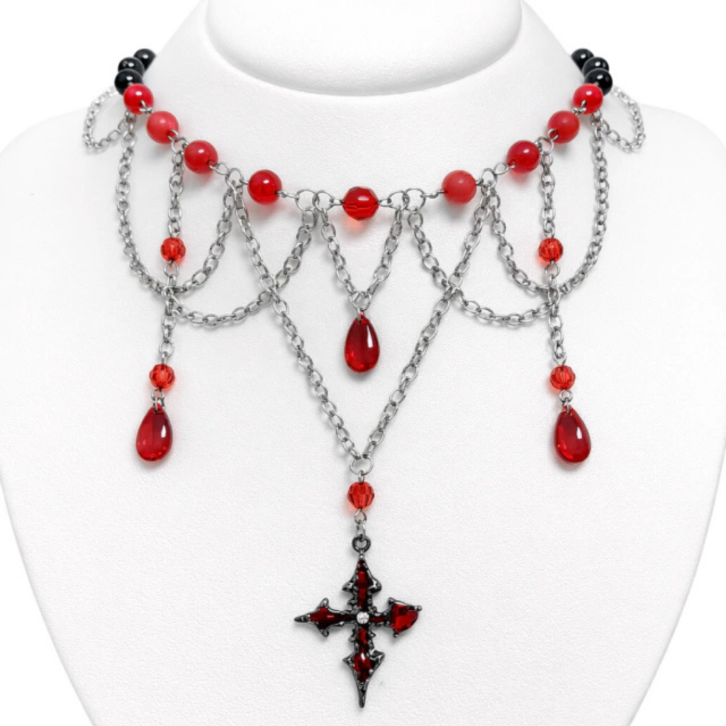 Gargantilha Bloody Cross - Gargantilha com cruz vermelha Goth Dark com caimentos de Gotas vermelhas