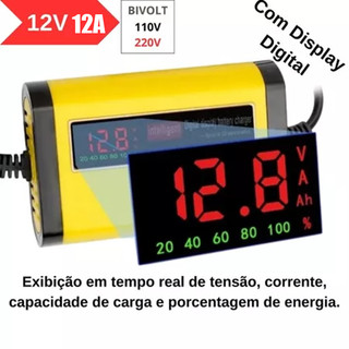 Carregador Reparador de Pulso Inteligente 12V 12A para Bateria de Carro e Moto, Proteção Completa, Recupera Baterias Des