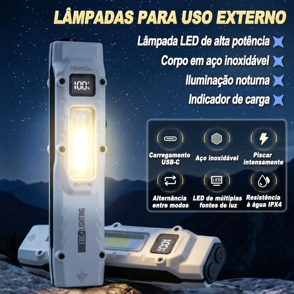 Lanterna Tática EDC YM-M28 Recarregável USB-C 880 Lumens COB UV Vermelha IPX4