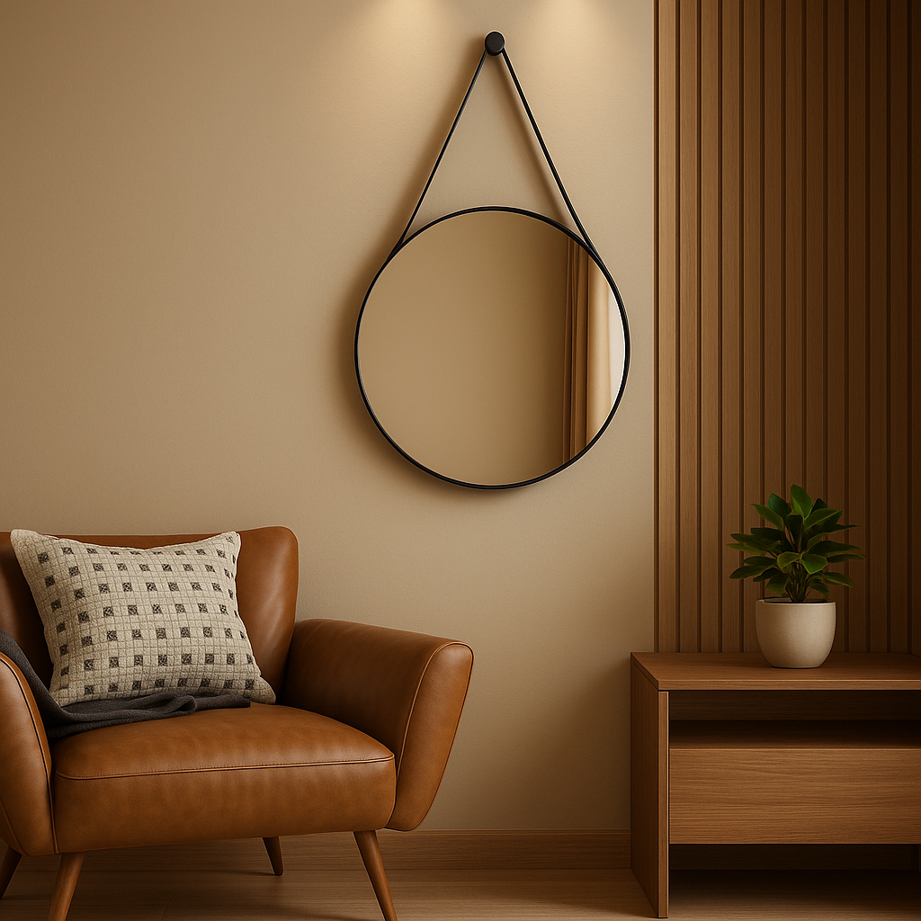 Espelho Adnet 90cm Grande - Espelho Banheiro Redondo Moldura e Alça em Couro Decoração Sala Quarto
