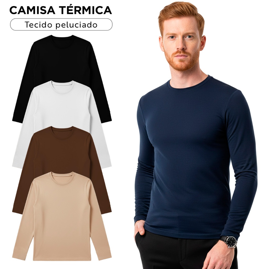Camisa Térmica Masculina Manga Longa Slim Fit Gola Redonda Segunda Pele Inverno Preto Branco Marinho Bege Canela
