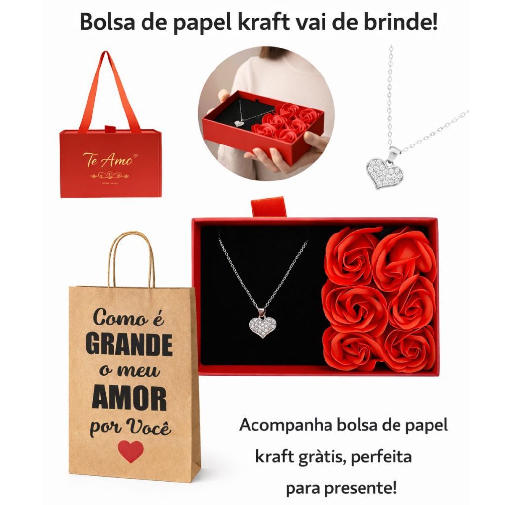 Caixa Presente Romântica Porta Joias com Rosa Vermelha e Colar Namorada Amor