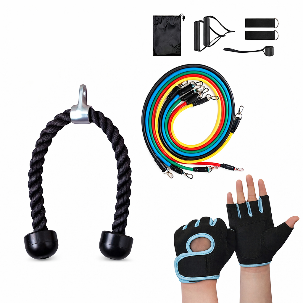 Kit Extensores 5 Vias + Par de Luvas Musculação + Puxador Corda One Life Sports® | Treino Funcional