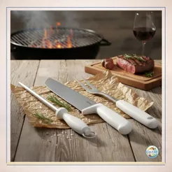 Kit Churrasco Faca Garfo Chaira Amolador Aço Inox Jogo de Facas Profissional Churrasqueiro Cabo Branco