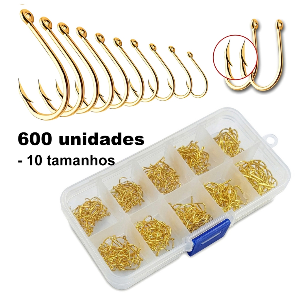 Kit 600 Anzóis Tipo Chinu Aço Inox 10 Tamanhos Afiados, Alta Qualidade para Pesca Profissional