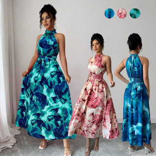 Vestido Feminino Gola Alta de Cintura com Amarração Estampa Tie-Dye e Linha A Rosa Azul e Verde