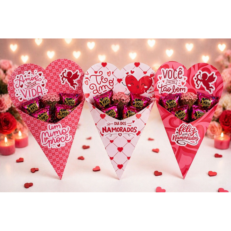 Caixa Buquê Cone Coração Dia dos Namorados -(ENVIO PRÉ MONTADO  )Embalagem para Bombons Sonho de Valsa|Ouro branco -