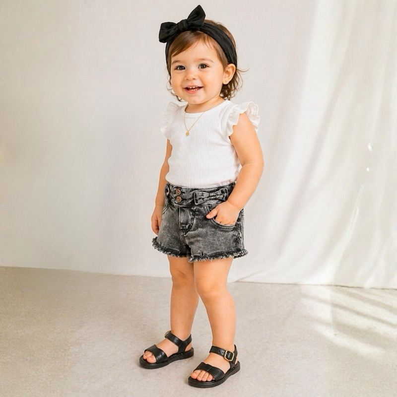 Short Jeans Infantil Preto Elastano Cós Alto Confortável Menina 1 2 3 Moda Kids Premium