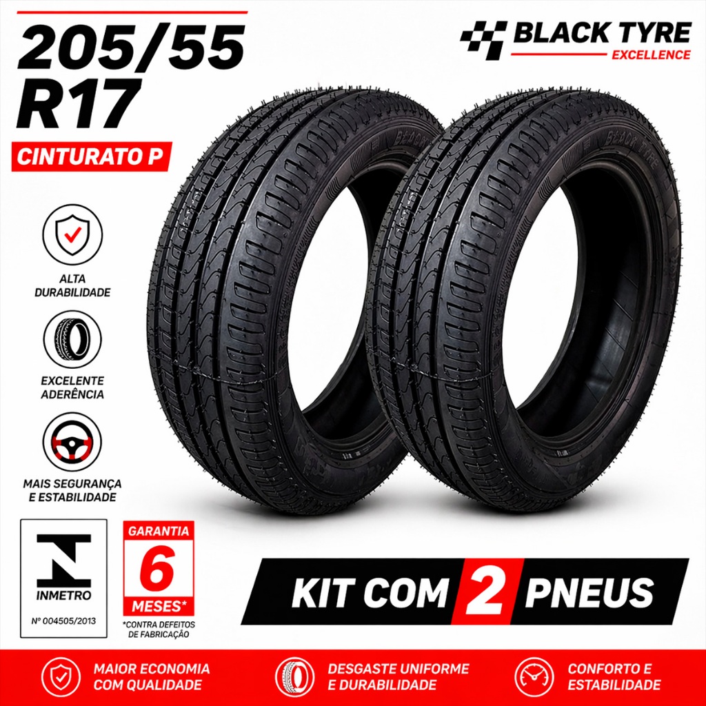 Kit com 2 Pneus Remoldados Black Tyres 205/55 R17 Cinturato P Com Garantia e selo do Inmetro