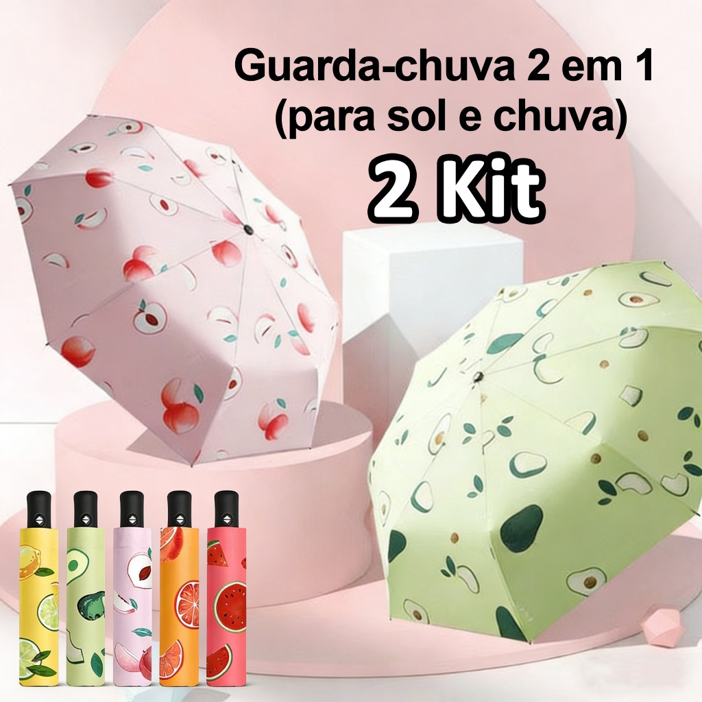 2PCS-Guarda-chuva 2 em 1 para sol/chuva com proteção UV – Design com estampa de frutas, guarda-chuva prático e portátil.