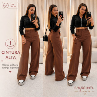 Calça Alfaiataria Pantalona Social Premium Com Bolso Cintura Alta Wide Leg