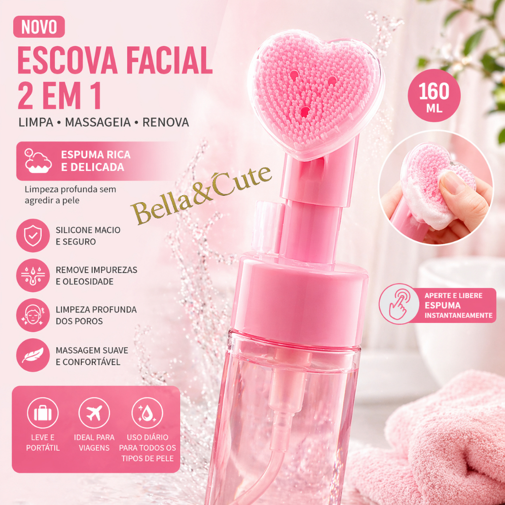Escova Facial de Limpeza 2 em 1 com Dispenser de Espuma 160ml Silicone Macio Massageador Rosto Portátil