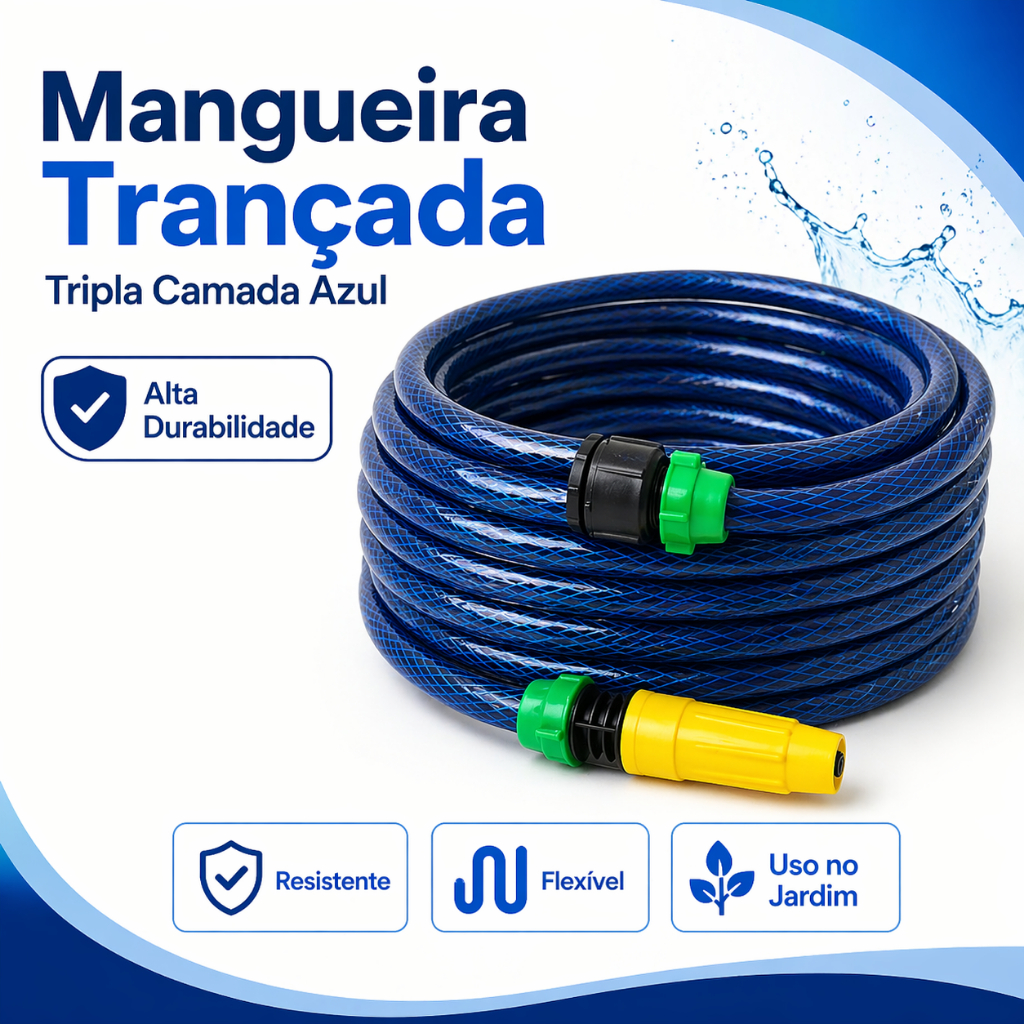 Mangueira Trançada Tripla Camada Azul Anti Torção - 05 a 35 Metros