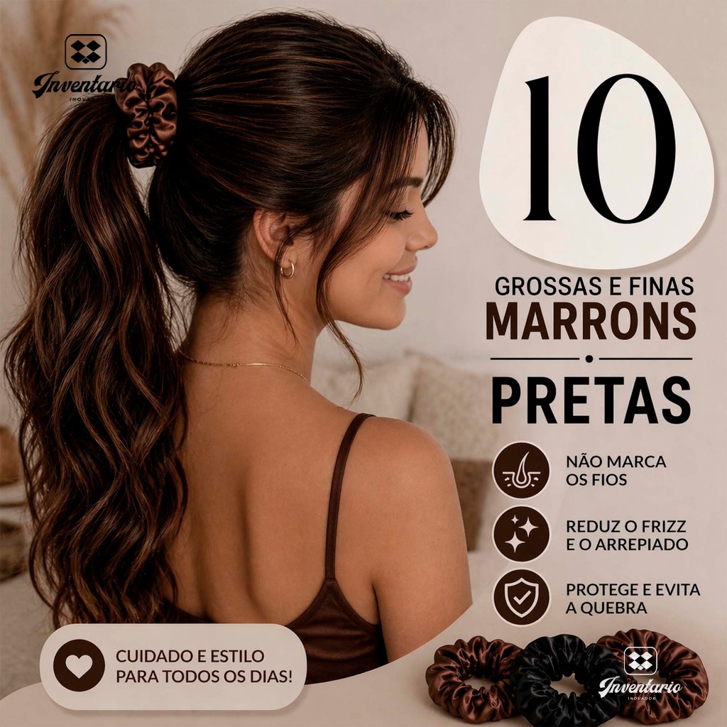 10 Xuxinha de cetim marrom, preta, Scrunchies de cabelo, anti-frizz, xuxa, amarrador, pompom, finas, gominha