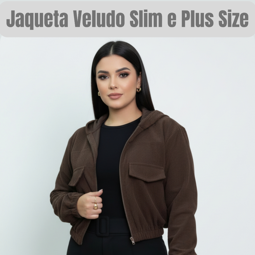 Jaqueta Veludo Cotele Slim e Plus Size Com Ziper, Capuz, Elastico na Cintura Tendencia Inverno Casual