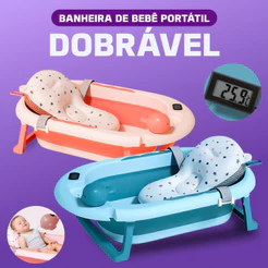 Banheira Azul ou Rosa para bebe com termômetro digital + almofada + chuveirinho de mão Dobrável