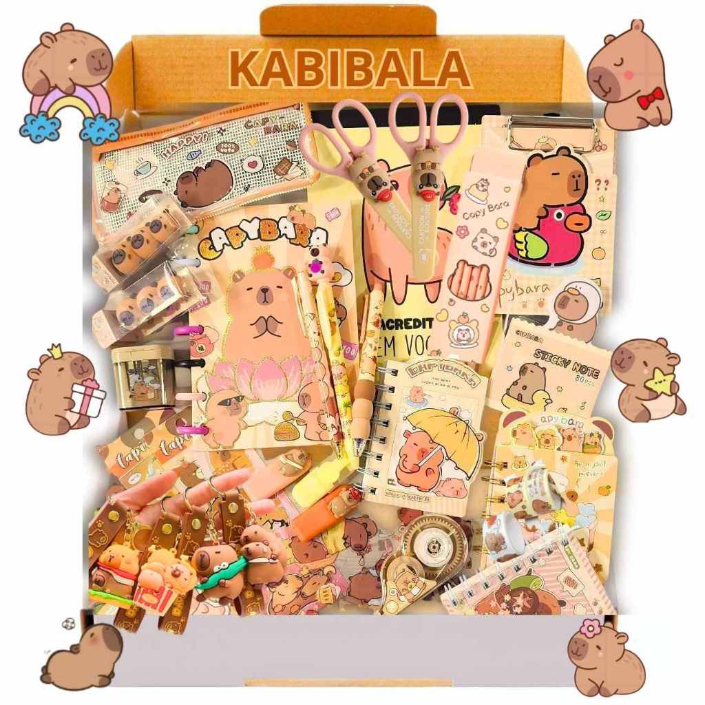 Kit Papelaria Kawai Capivara Tesoura Chaveiro Caneta Adesivo Caderno Apontador Régua Borracha Post-it Presente Fofo