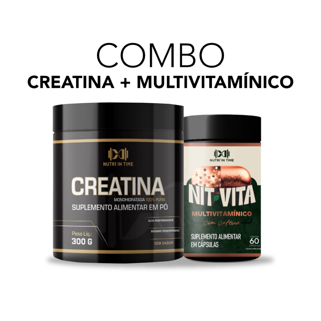 CREATINA 300g + MULTIVITAMÍNICO NIT VITA C/ CAFEÍNA 60 CAPS | KIT Energia, Imunidade e Performance | Nutri In Time