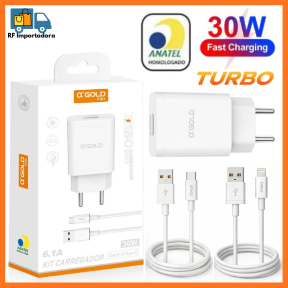 Kit Carregador Fonte + Cabo USB Para Tipo-C/USB Para Lightning iPhone Turbo 30W 6.1A