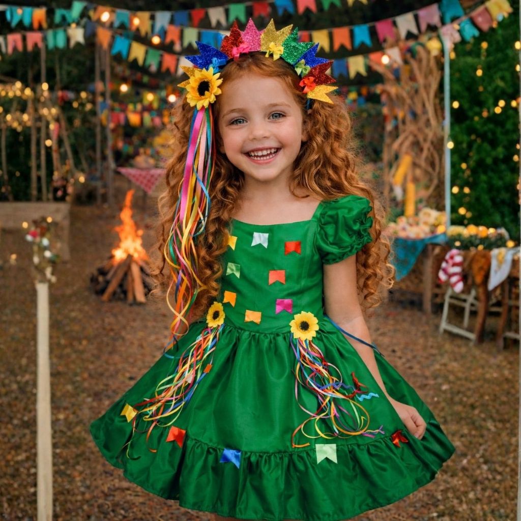Vestido Festa Junina Brasil Aplique Girassol E Bandeirinhas
