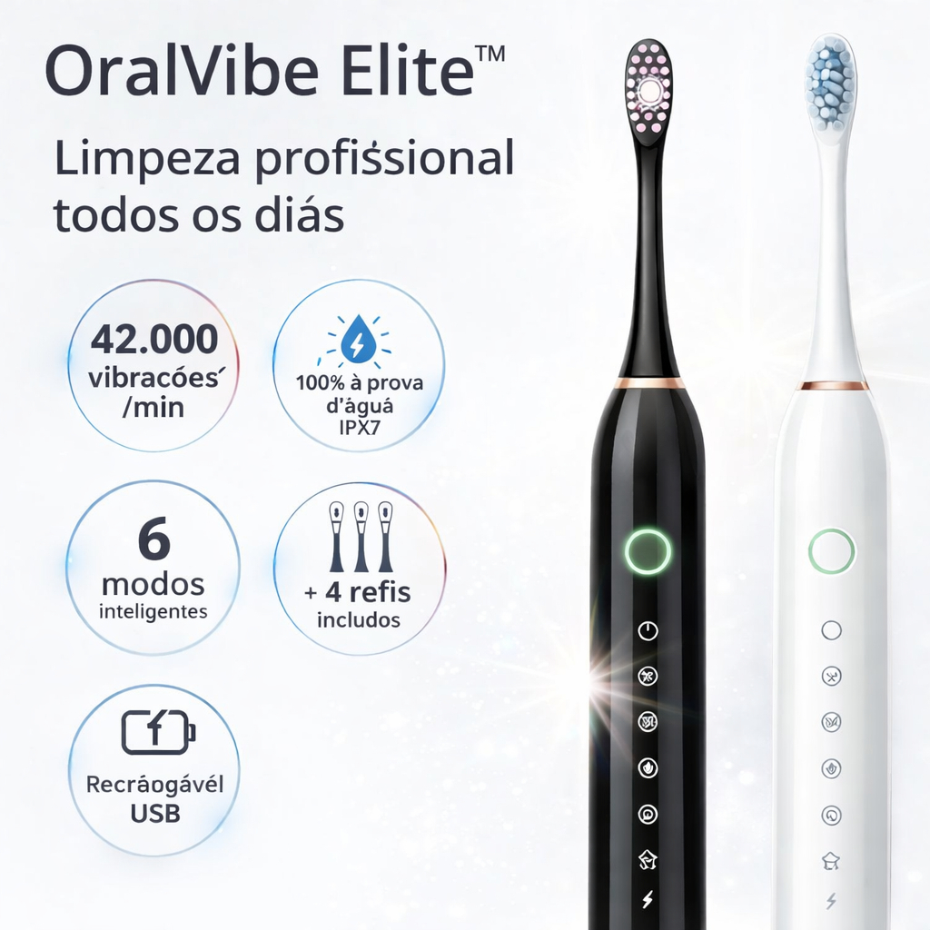 Escova Dental Elétrica Sônica Recarregável USB 6 Modos com 4 Refis IPX7 Bivolt Limpeza Profunda