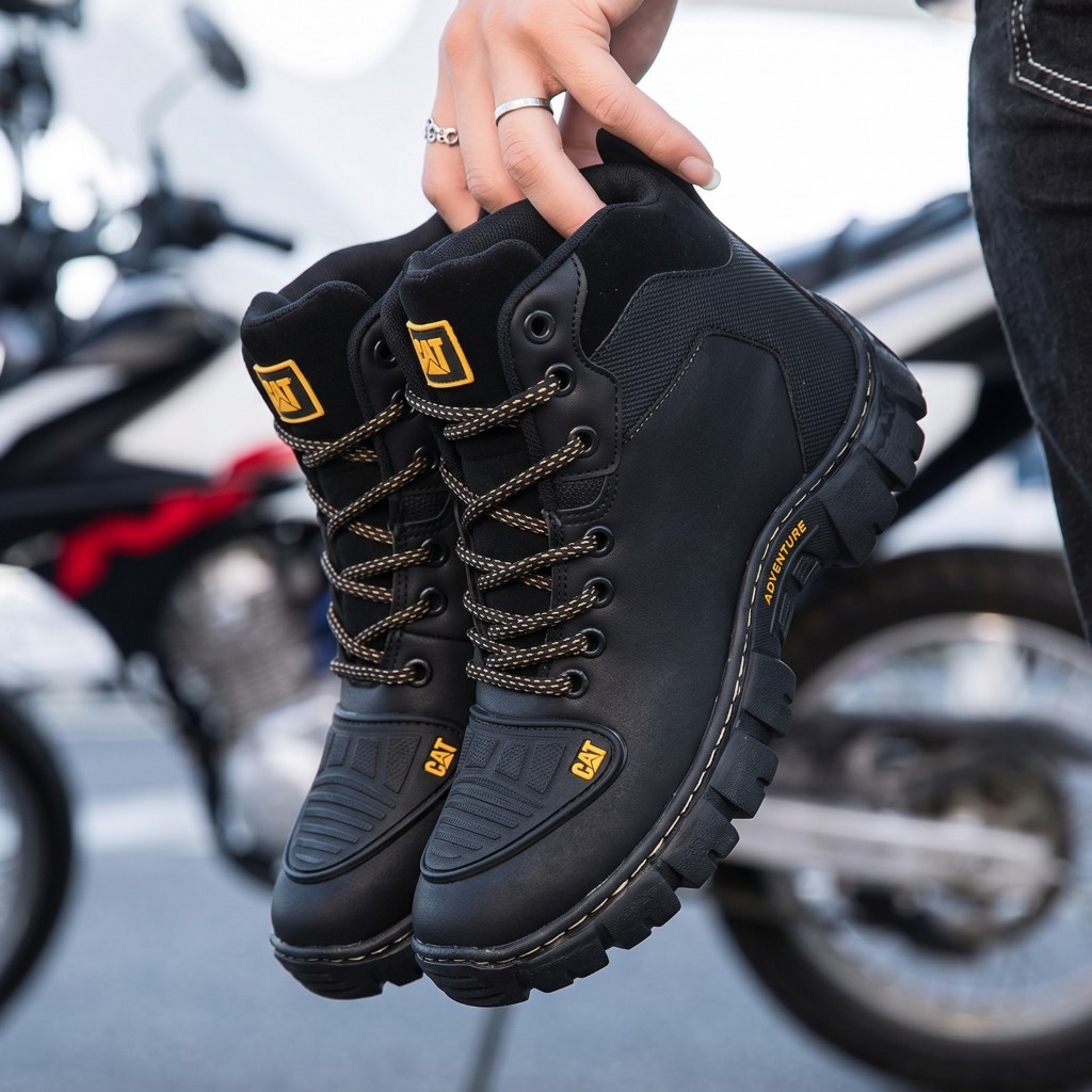 Bota Masculina CAT Coturno Preto Couro Sintético Com Palmilha Borracha Alta Densidade Envio Rápido