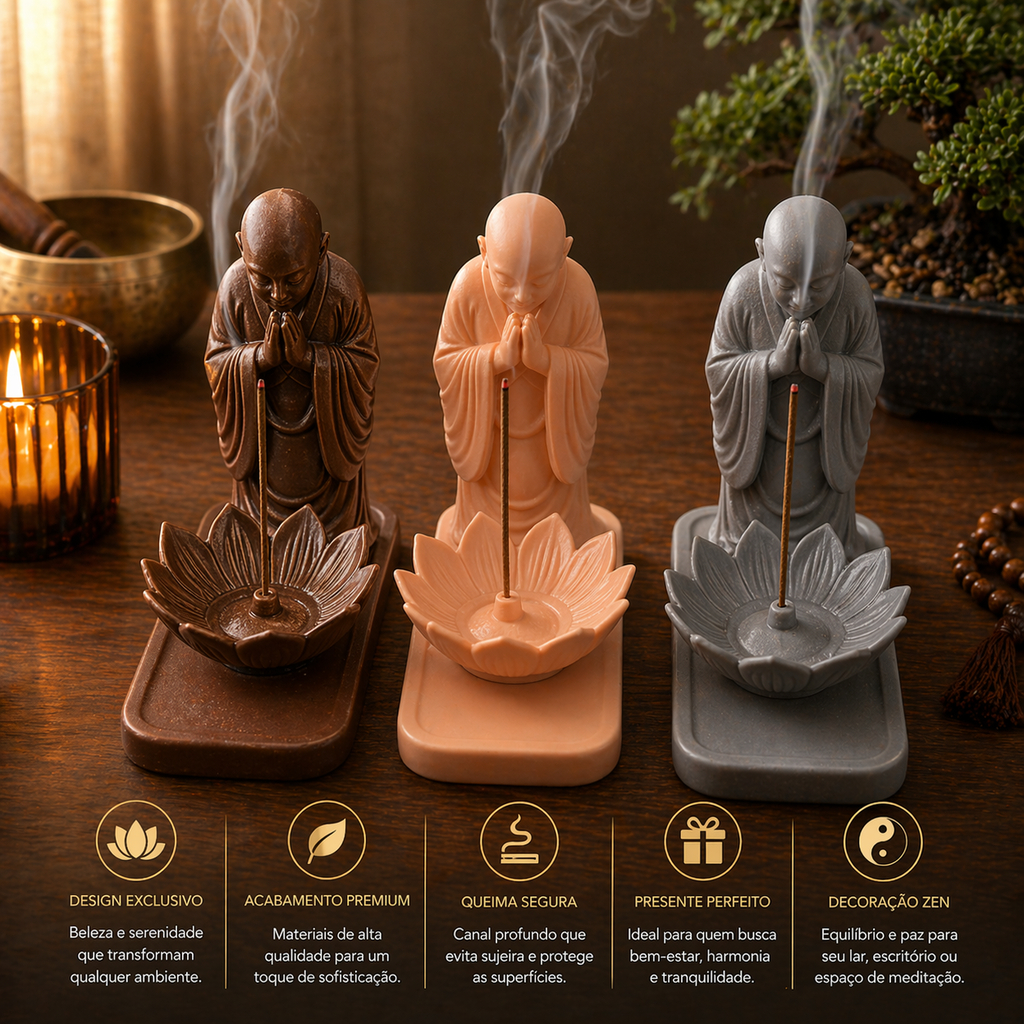 Imagem Porta Incenso Incensário Monge Decoração Zen Yoga Meditação Aromaterapia Cascata Fumaça Cores Kit