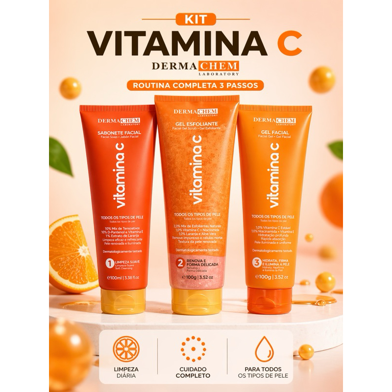 Kit Vitamina C Dermachem 3 Passos Skincare Facial Limpeza Clareamento Rotina Completa