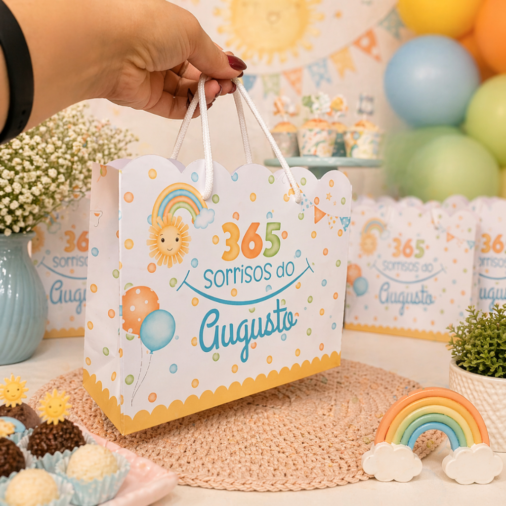 Kit 10 Sacolinhas Personalizadas para Festa tema 365 SORRISOS E Primeira volta ao Sol lembrancinhas