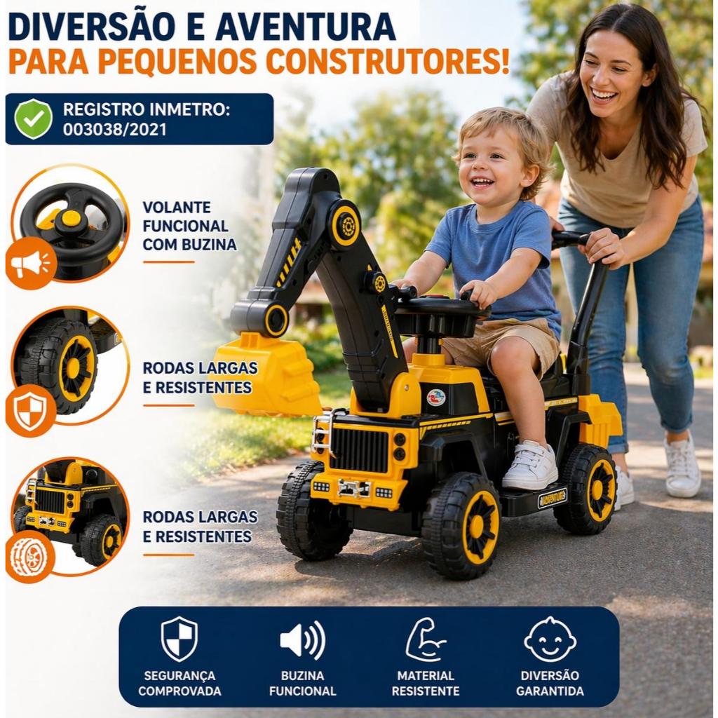 Retroescavadeira Briquedo Elétrica Infantil 6V com Pá Móvel e Alça de Empurrar Luzes Música até 30 kg Amarela