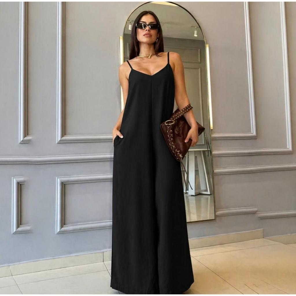 Macacão Pantalona Feminino Duna Alça Regulável com Bolso Elegante Soltinho Casual Chic Moda Verão
