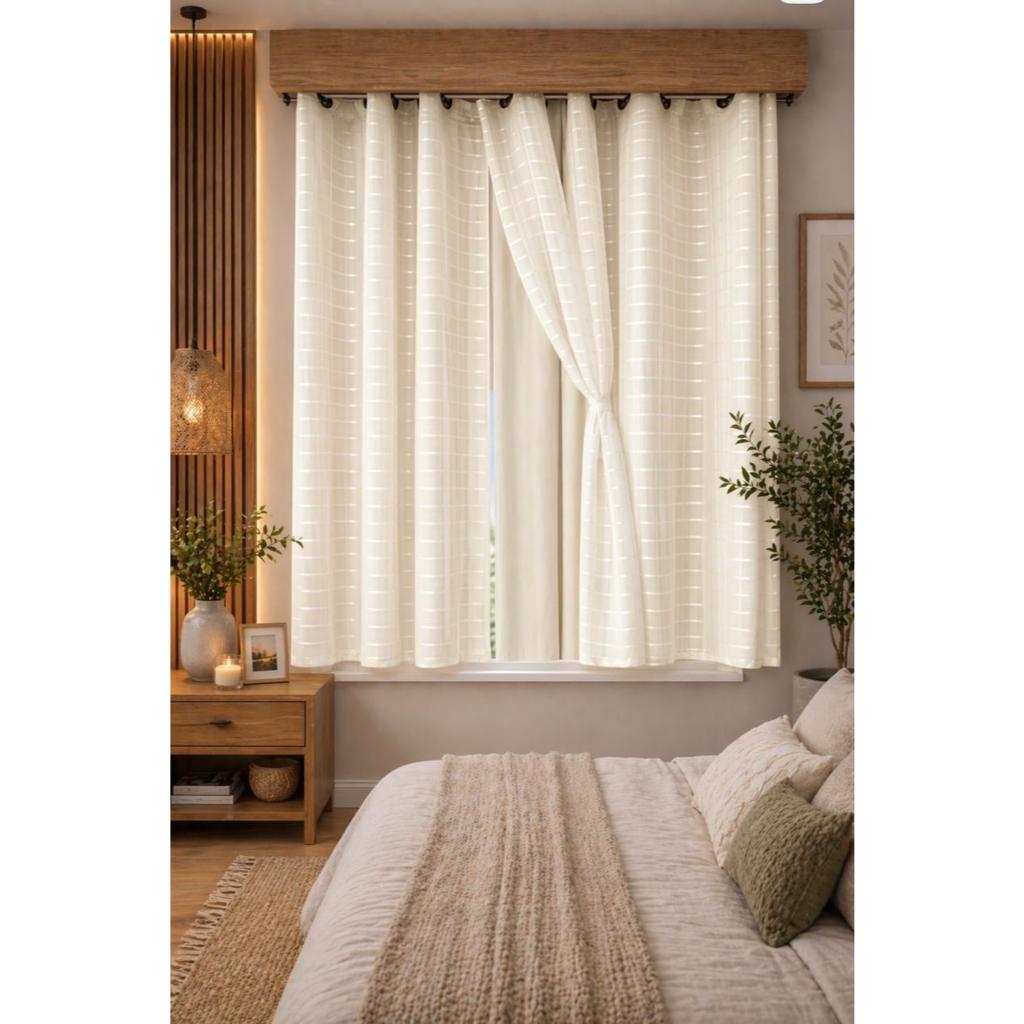 Cortina Blackout 1,40m x 1,80m com Forro Voil Xadrez – Bloqueia Luz e Decora 1 Parte