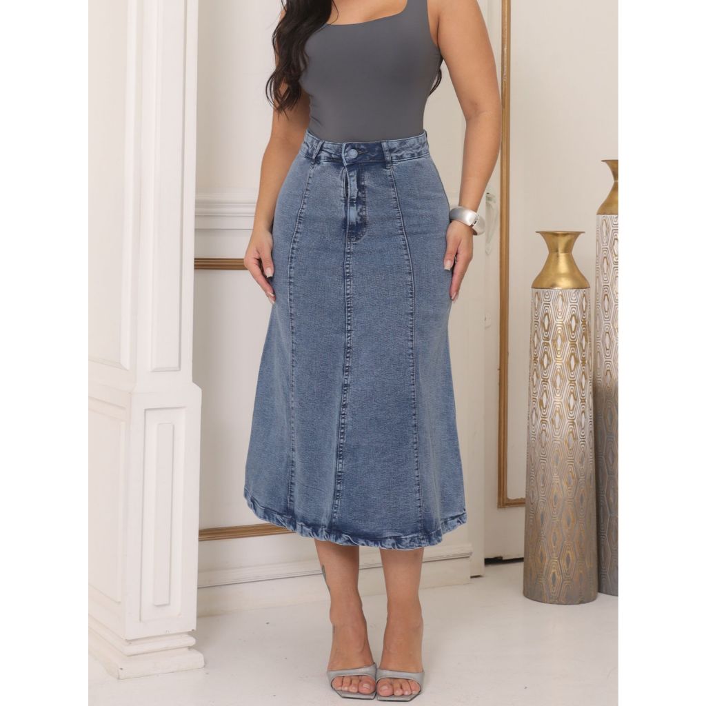 Saia Midi Jeans Evasê Rodada Sarja Modesta Culto Igreja Escritório