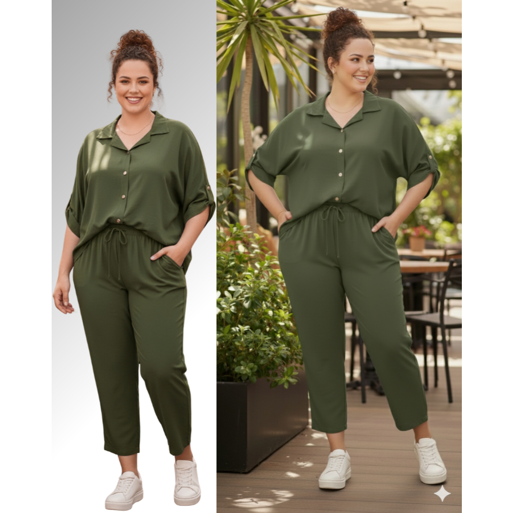 Conjunto Feminino Plus Size Calça e Camisa de Malha Moda Confortável com Bolso Cós Elástico