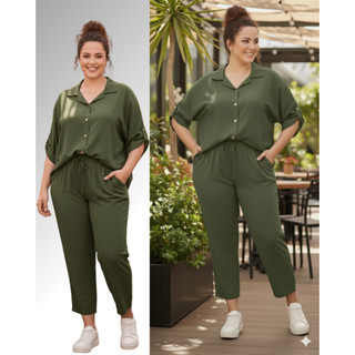 Conjunto Feminino Plus Size Calça e Camisa de Malha Moda Confortável com Bolso Cós Elástico
