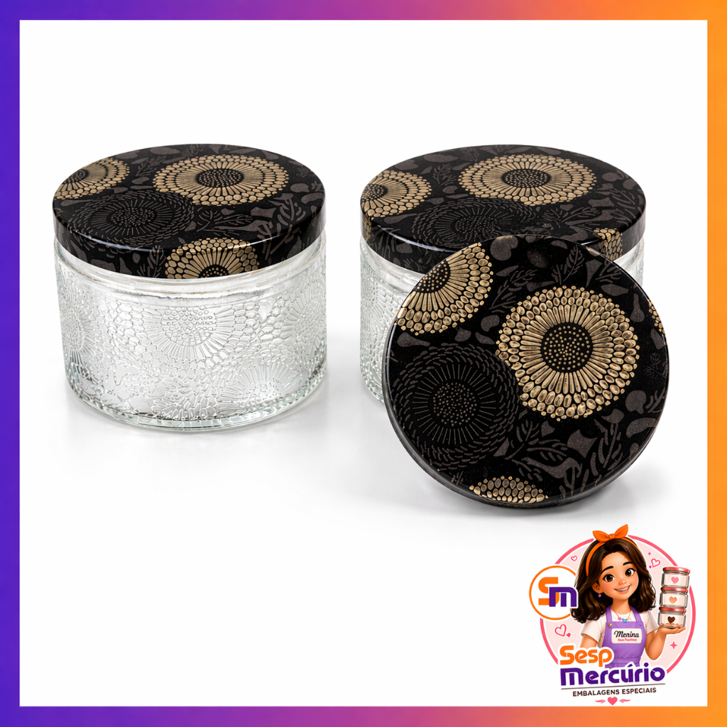 Kit 2 Potes de Vidro 100ml Tampa Metálica Estampada para Velas Artesanais  Vidro Texturizado Cristal