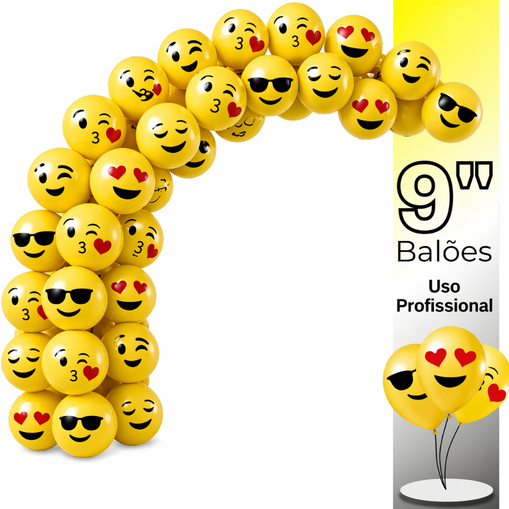 Kit Balões Emoji/Smile/Carinhas 9 Polegadas 25 Unds Amarelo Festa Aniversário Decoração Arco Balões Profissional Premium