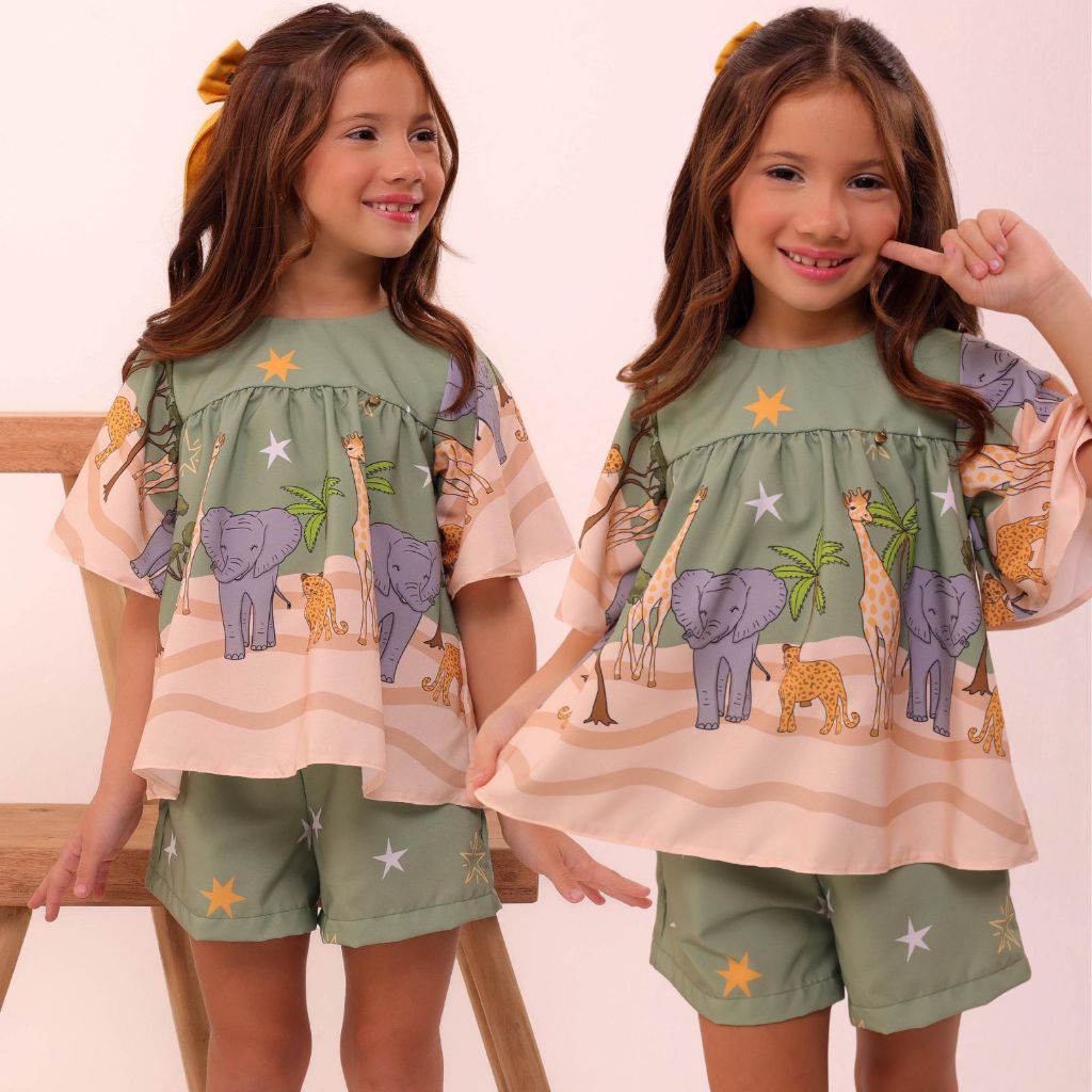 Conjunto Infantil Menina Estampado Cores Verão Casual Festa Aniversario Blogueirinha Short e blusa