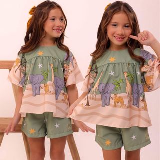 Conjunto Short e Blusa Infantil Menina Estampado Cores Verão Casual Festa Aniversario Blogueirinha Confortável