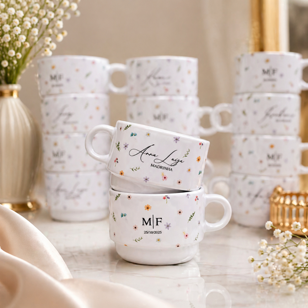 Xícara Personalizada com Nome e Desenho Padrinhos de Casamento | Lembrancinha Aniversário Formatura