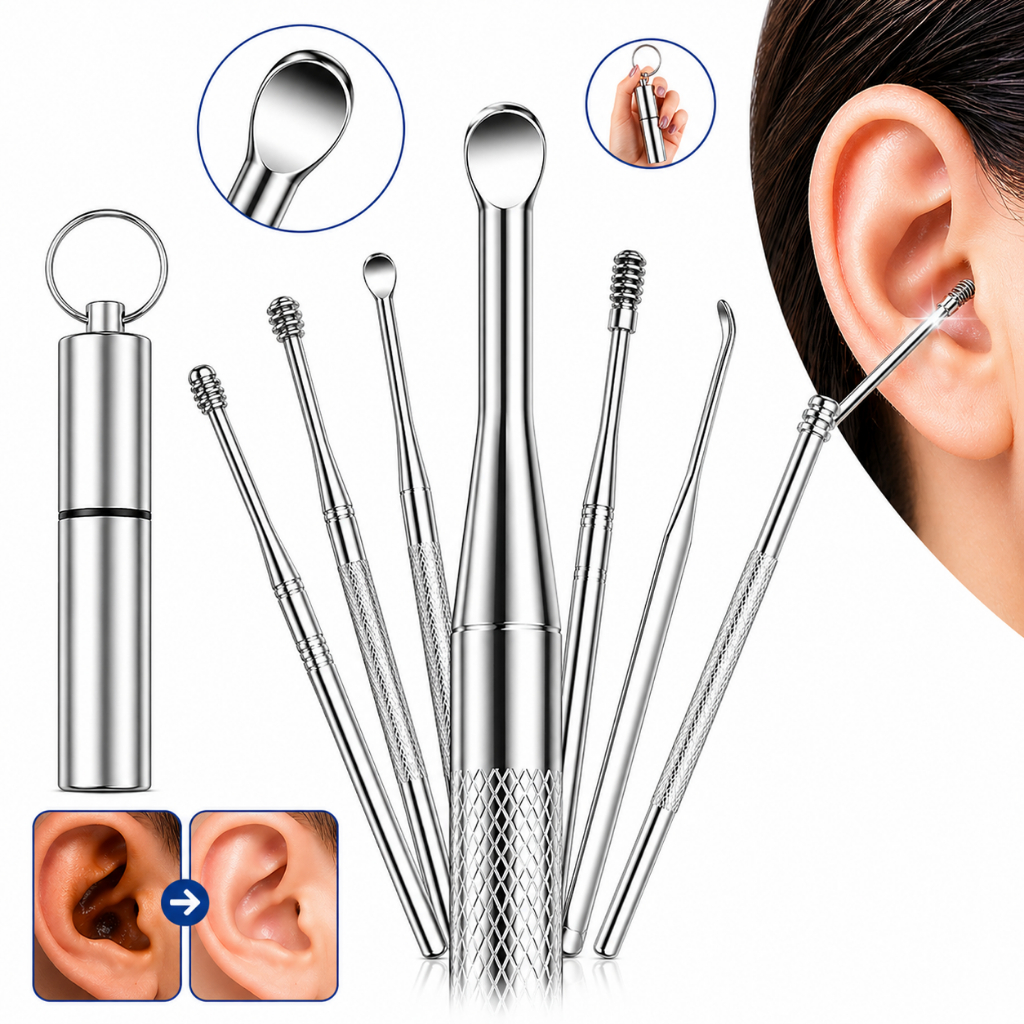 Kit 6 Ferramentas Limpeza de Ouvido Aço Inoxidável Profissional Removedor de Cera Seguro Reutilizável