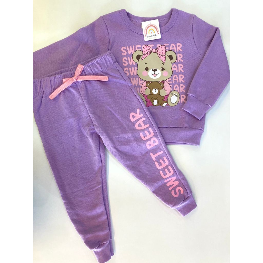 Conjunto Moletom Infantil Feminino Ursinho Roupa de Frio Menina Conjunto Inverno Confortável Quentinho