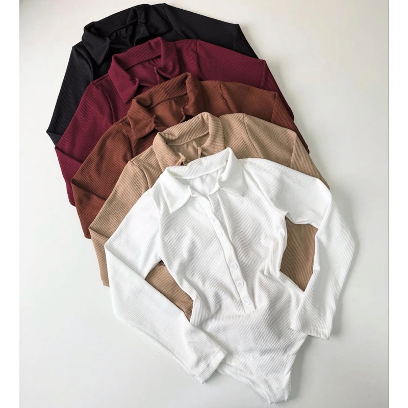 Body manga Longa Elastano Inverno polo canelado com botões Frio Feminino