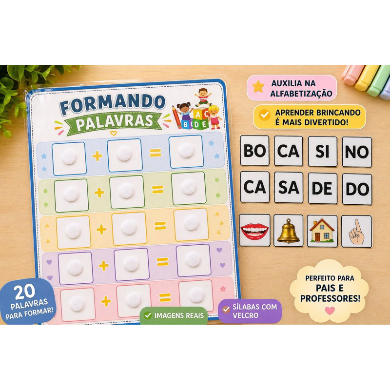 Jogo Pedagógico Formando Palavras | Alfabetização Infantil com Velcro | 20 Palavras + Imagens Reais