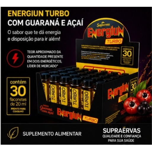 Energético Turbo 20ml Display 30 flaconete Cafeína Taurina cada dose 4 horas de energia