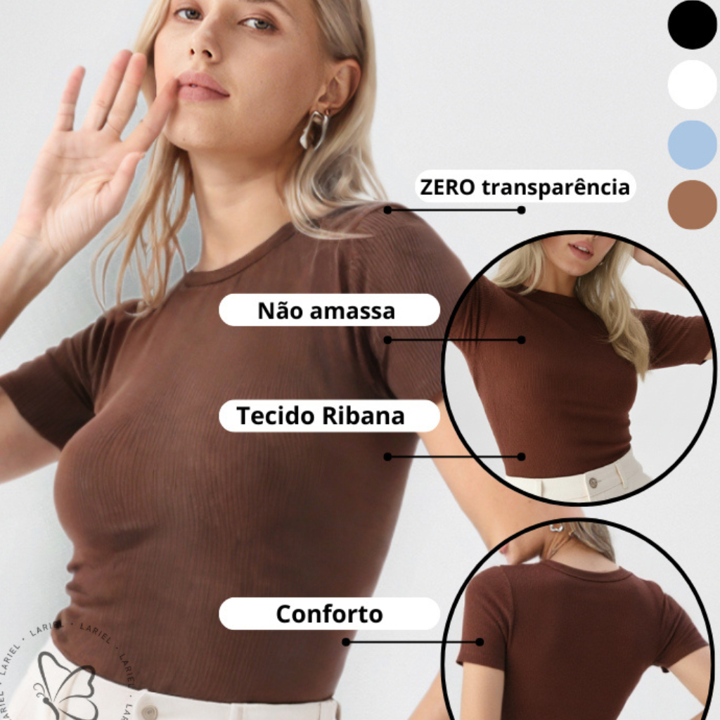 Blusinha Ribana Premium Feminina Gola Redonda Manga Curta Lisa Confortável e Versátil