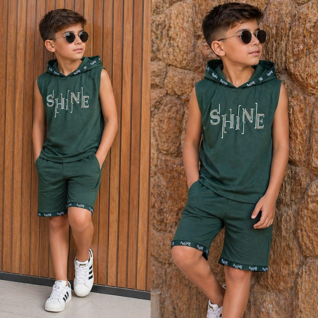 Conjunto Infantil Juvenil Menino Estiloso Confortável Blusa + Bermuda
