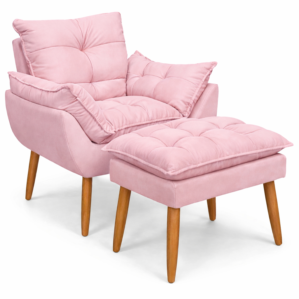 Poltrona Decorativa Kit Puff Rosa Quarto de Bebê  Completo Suede Fibra de Silicone Tecido Suede