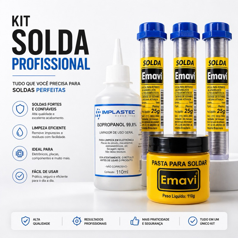Kit Profissional Solda de Placas Eletrônicas 3 tubos estanho 25g + Pasta para soldar 110g + Limpador de Placas 110ml