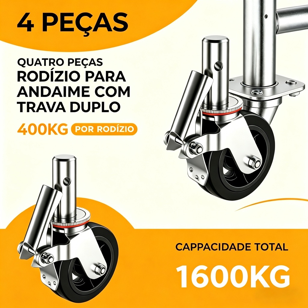 Kit 4 Rodízios para Andaime com Trava Dupla, Conexão de Graxa, 400kg Cada